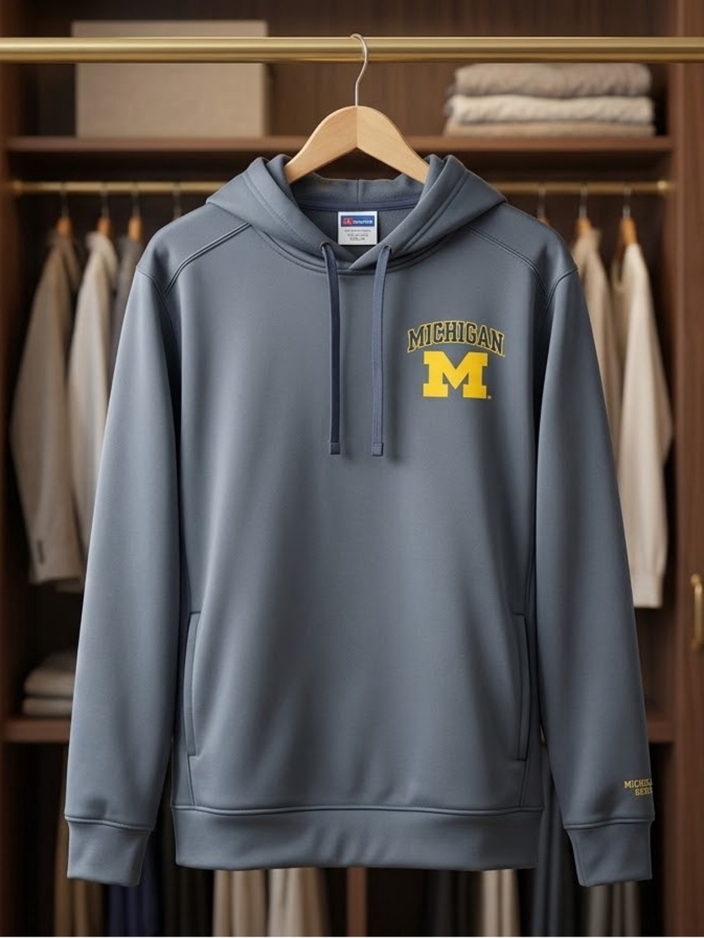 Women’s Michigan Hooded Pullover Sweatshirt in Slate Blue with Yellow Logo